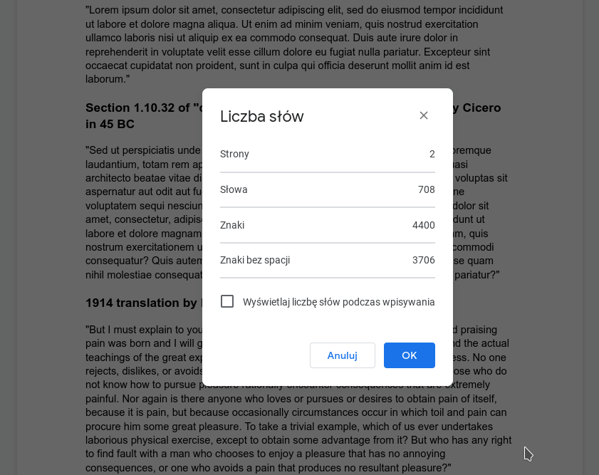 Liczenie słów w dokumentach google